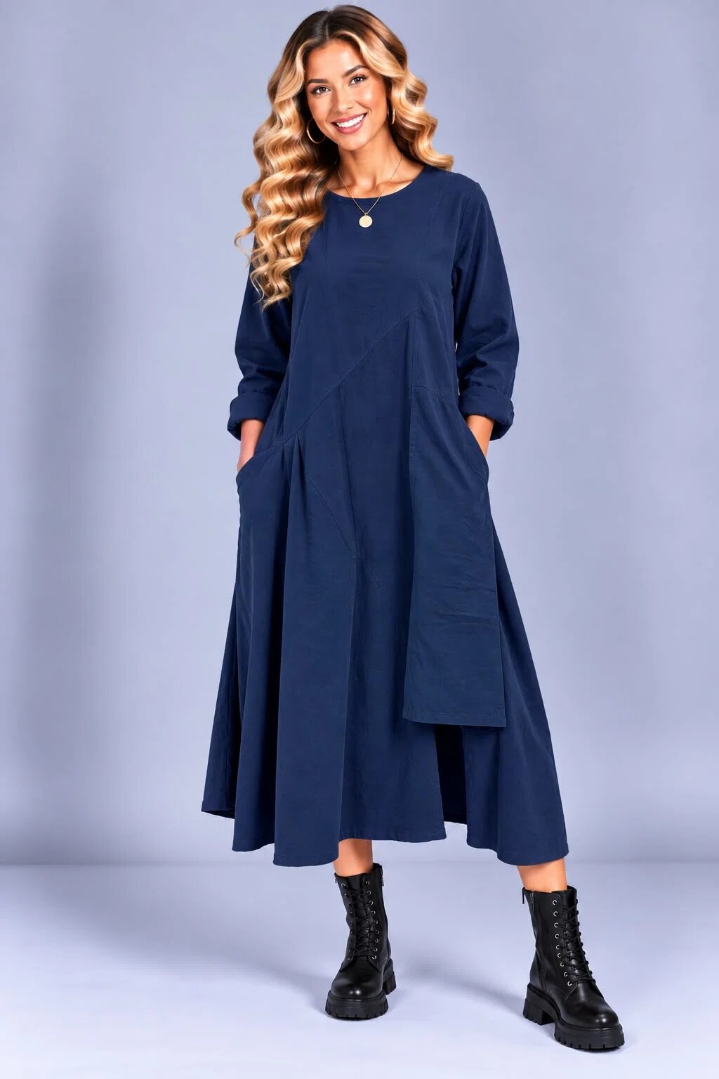 Stella Milani Rochie midi din bumbac cu croi amplu drapaj asimetric si buzunare bleumarin