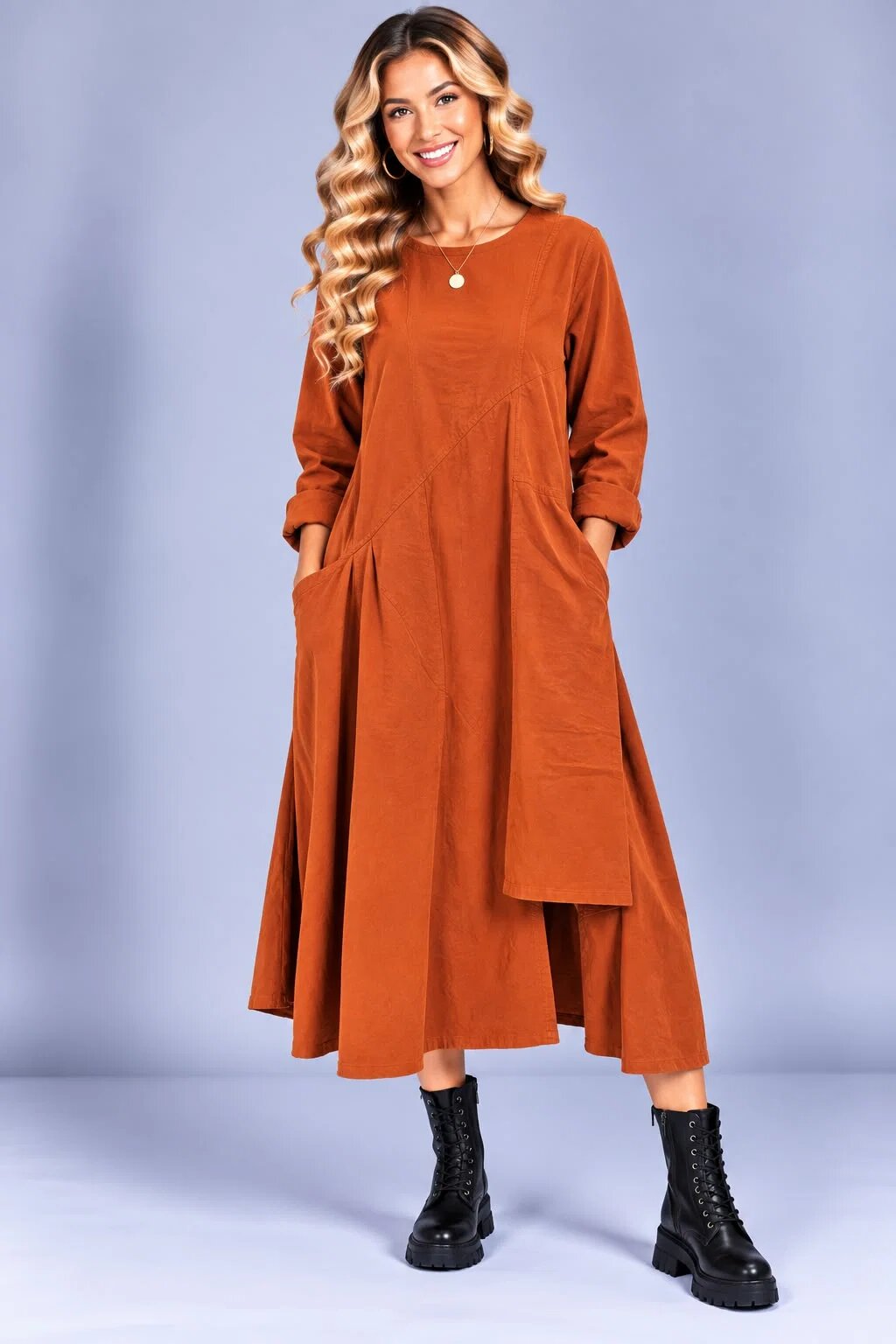 Stella Milani Rochie midi din bumbac cu croi amplu drapaj asimetric si buzunare caramizie