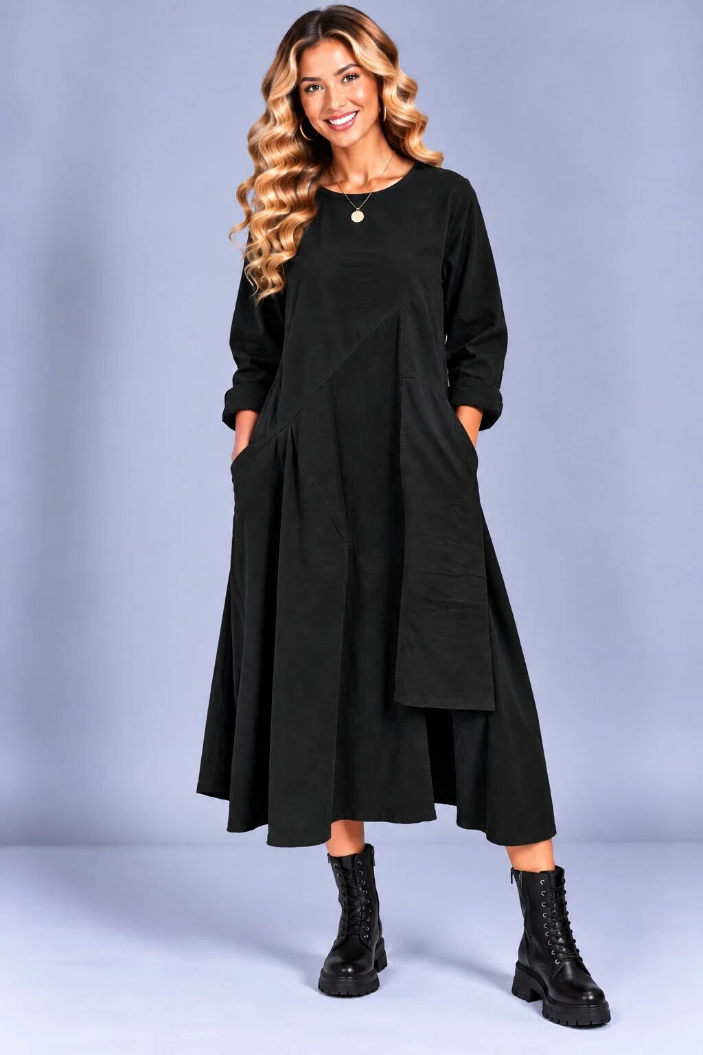 Stella Milani Rochie midi din bumbac cu croi amplu drapaj asimetric si buzunare neagra