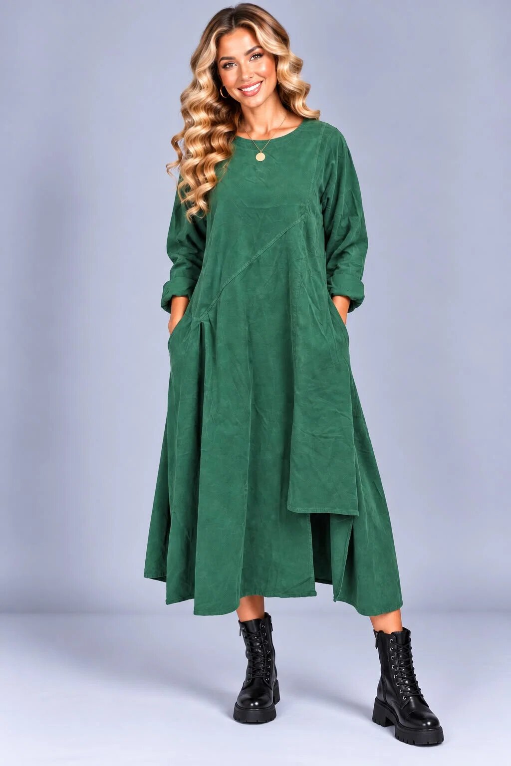 Stella Milani Rochie midi din bumbac cu croi amplu drapaj asimetric si buzunare verde