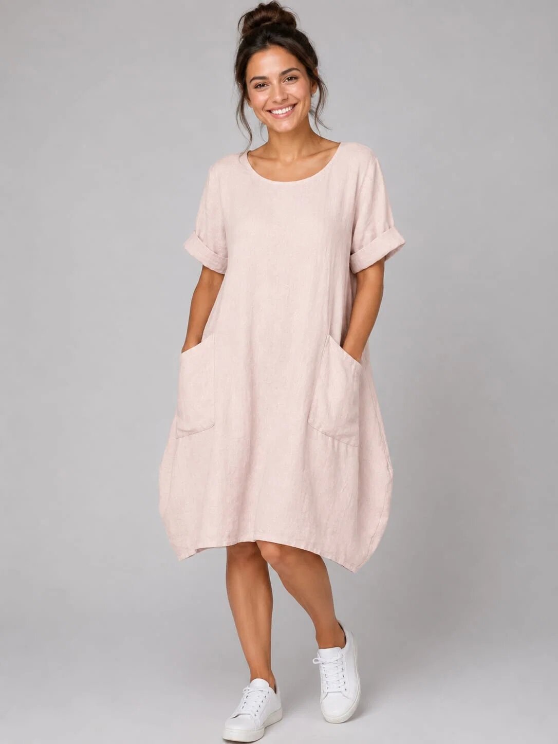 Stella Milani Rochie midi din in cu croi balon si buzunare laterale roz