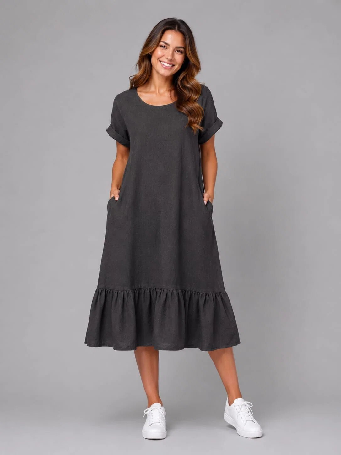 Stella Milani Rochie midi din in cu funda pe spate si volan amplu din batist neagra