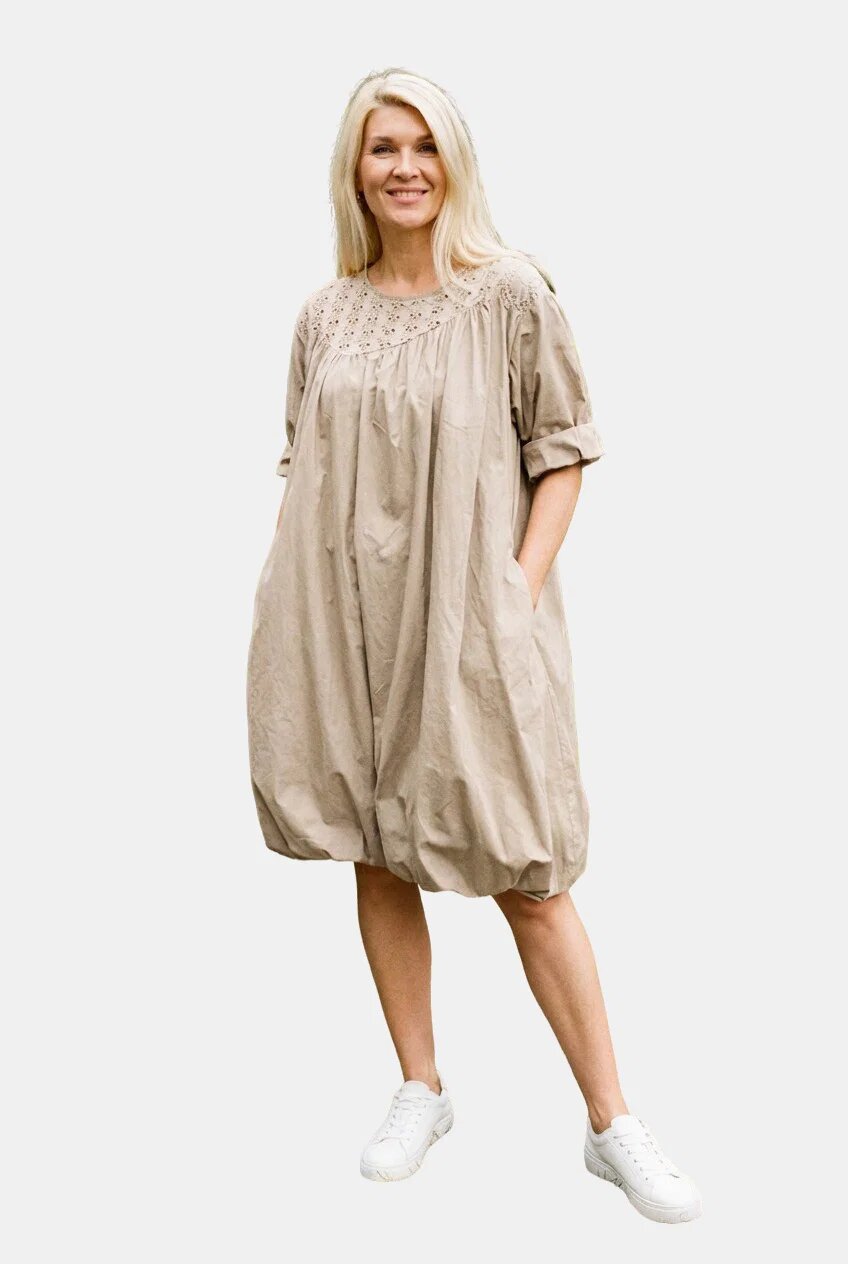Stella Milani Rochie midi gogosar cu dantela din poplin de bumbac bej