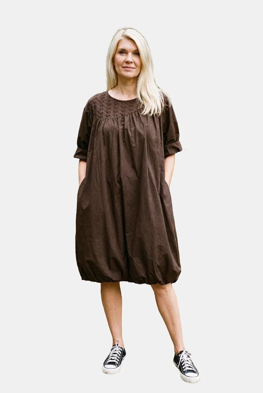 Stella Milani Rochie midi gogosar cu dantela din poplin de bumbac maro