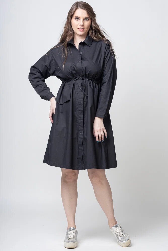 Studio 55 Rochie camasa din poplin satinat cu siret in talie neagra