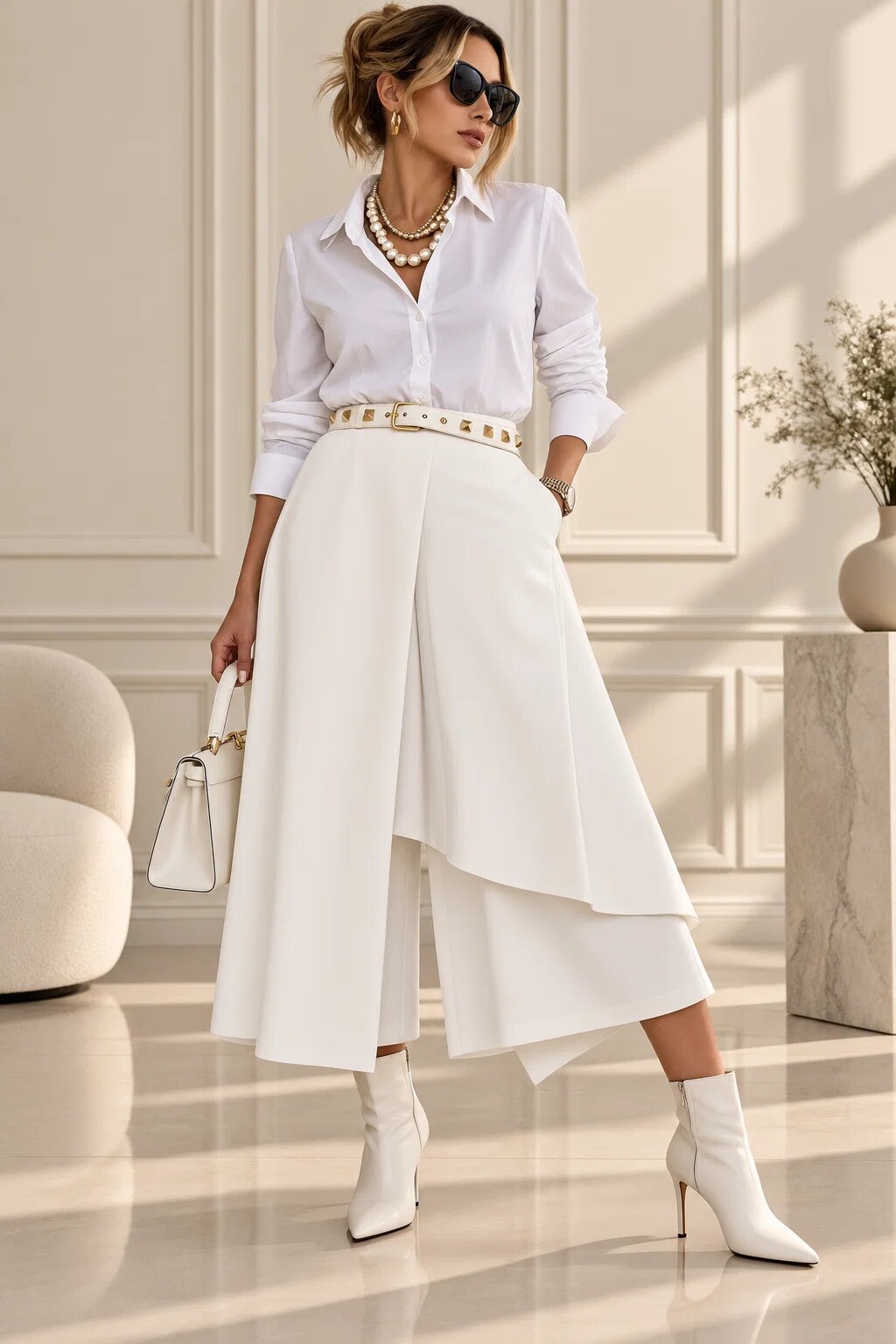 Sun Sun Fusta pantalon alba suprapusa asimetrica eleganta si spectaculoasa