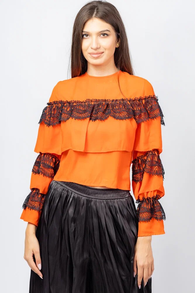 Timiami Bluza portocalie eleganta cu volane si dantela neagra