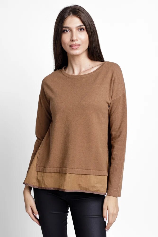 U See Pulover evazat cu angora cu insertii laterale brodate camel