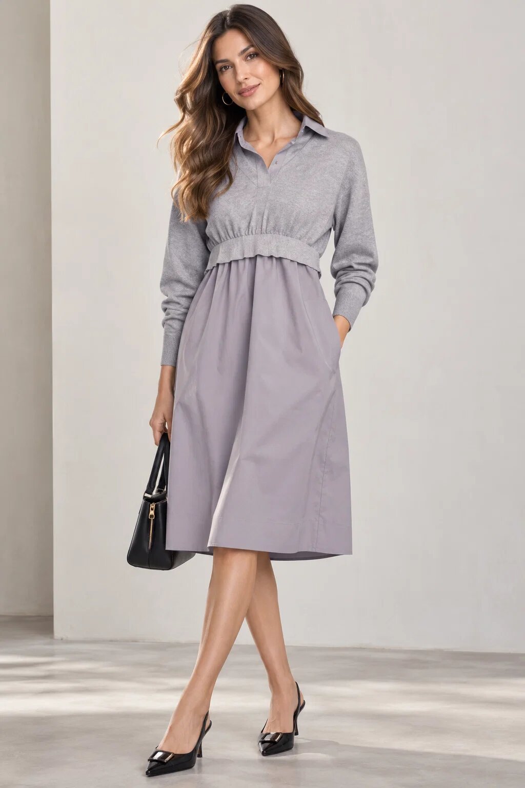 U See Rochie camasa din poplin de bumbac cu pulover angora gri