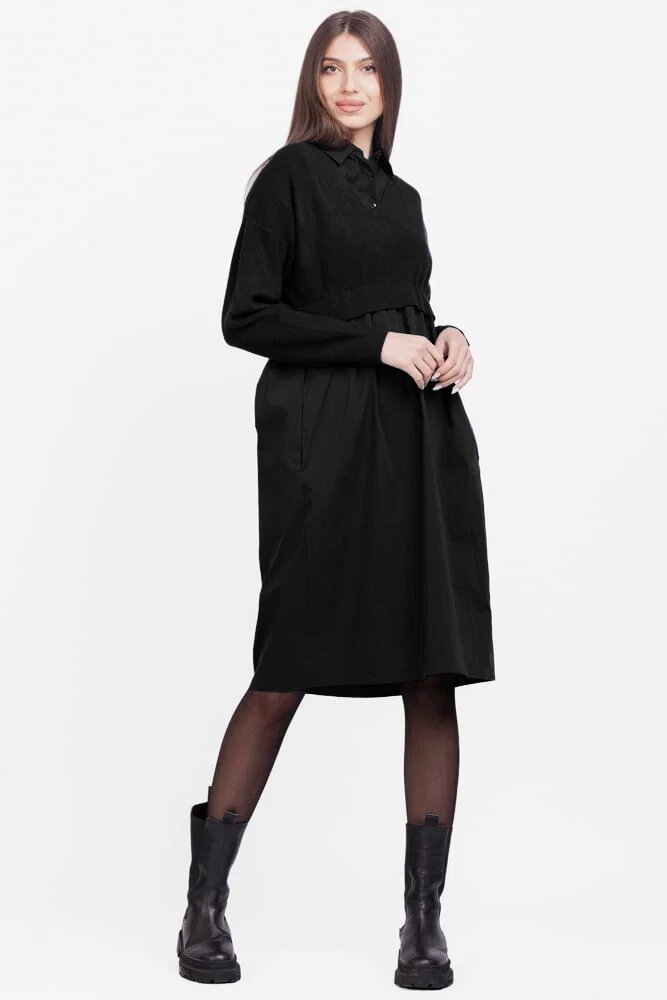 U See Rochie camasa din poplin de bumbac cu pulover angora neagra