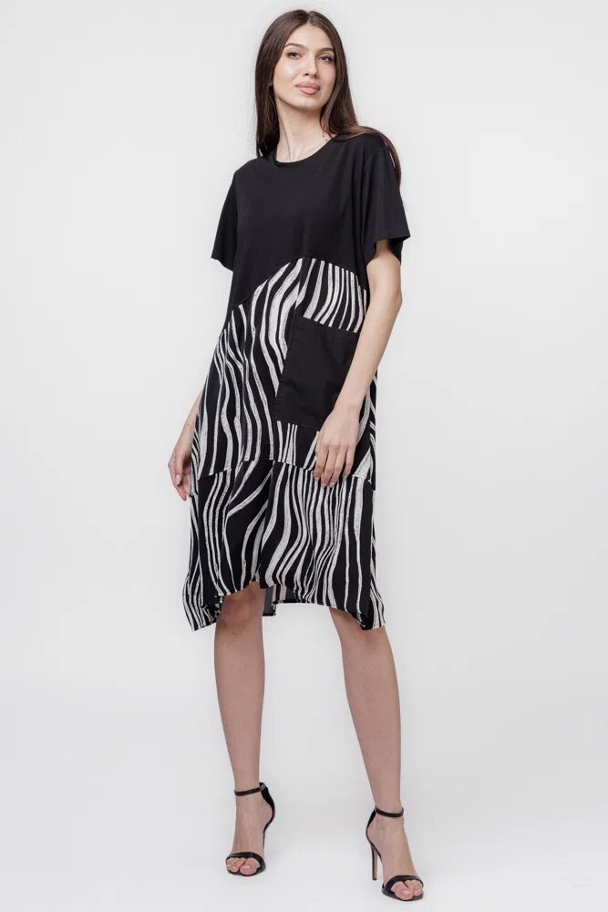 U See Rochie lalea cu talie oblica si imprimeu dungi oblice alb-negru
