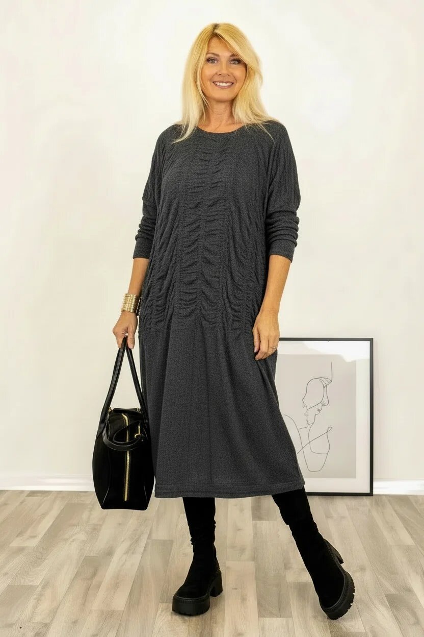 U See Rochie midi gri cu fronseuri si croi lejer fluid din tricotaj fin