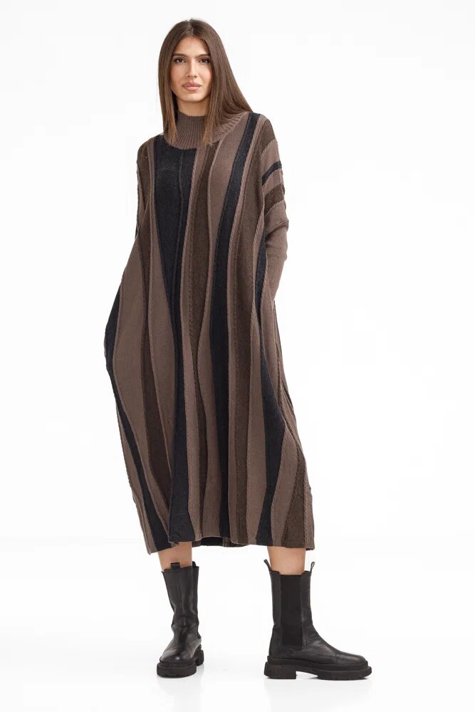 U See Rochie oversize tricotata cu dungi unduitoare si croi lejer bej-maro