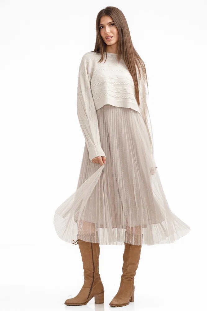 U See Rochie suprapusa din tulle cu bulinute cu puloveras cu model bej deschis