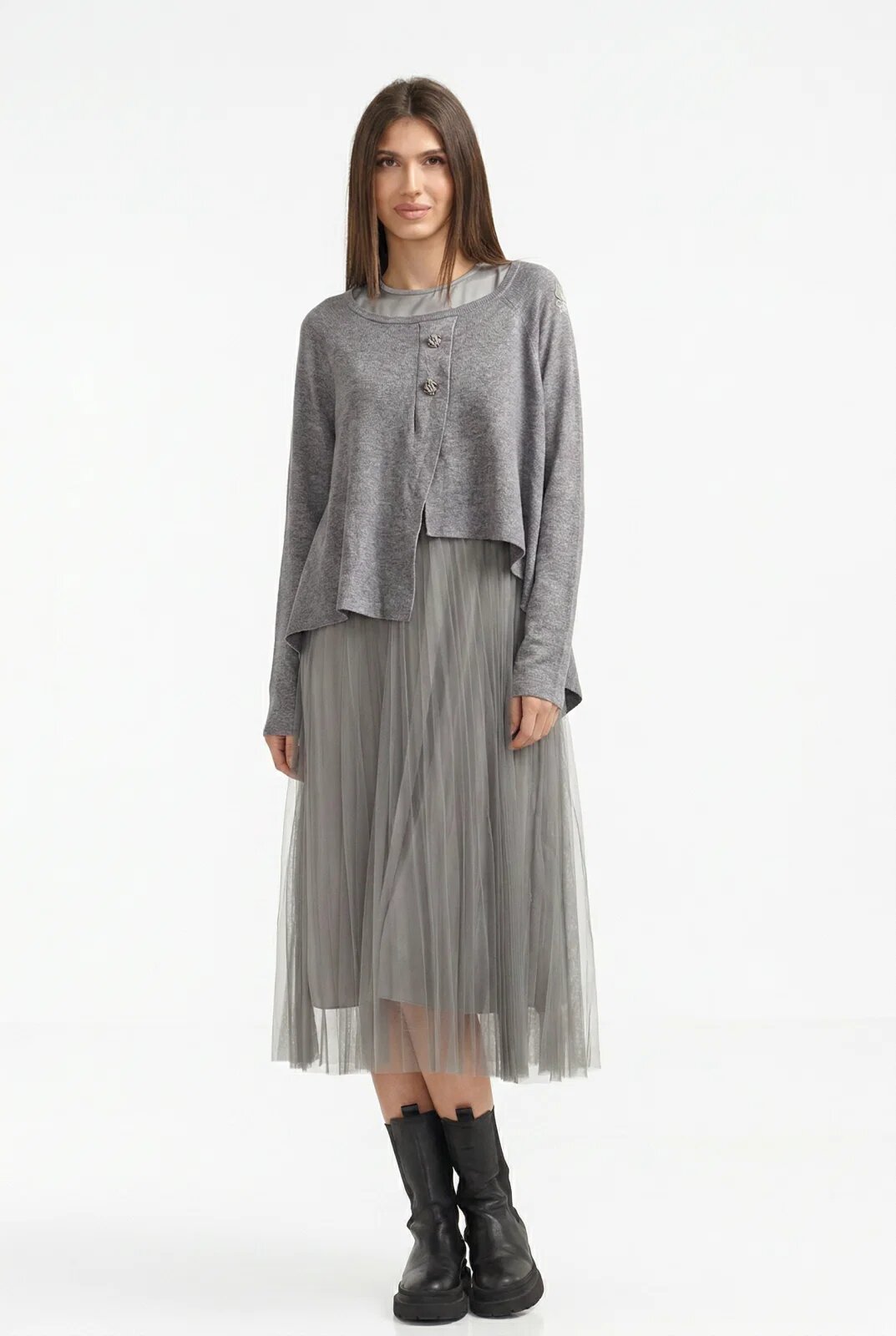 U See Rochie suprapusa din tulle cu puloveras cu nasturi metalici gri