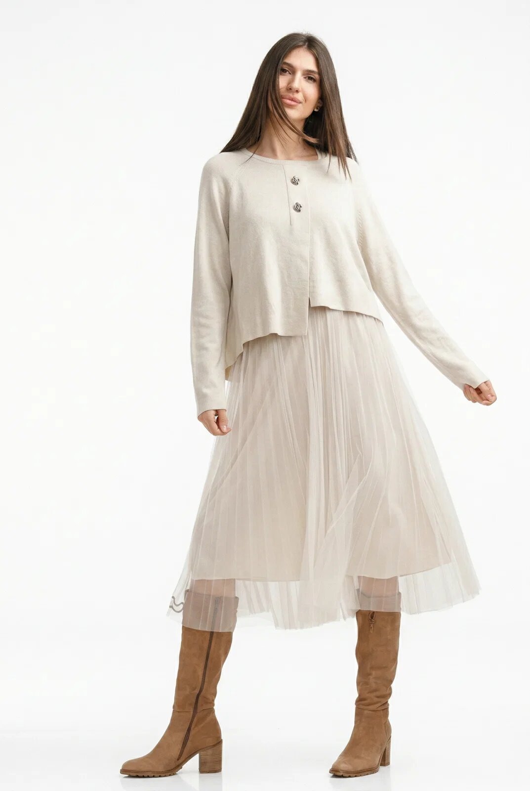 U See Rochie suprapusa din tulle cu puloveras cu nasturi metalici ivoire