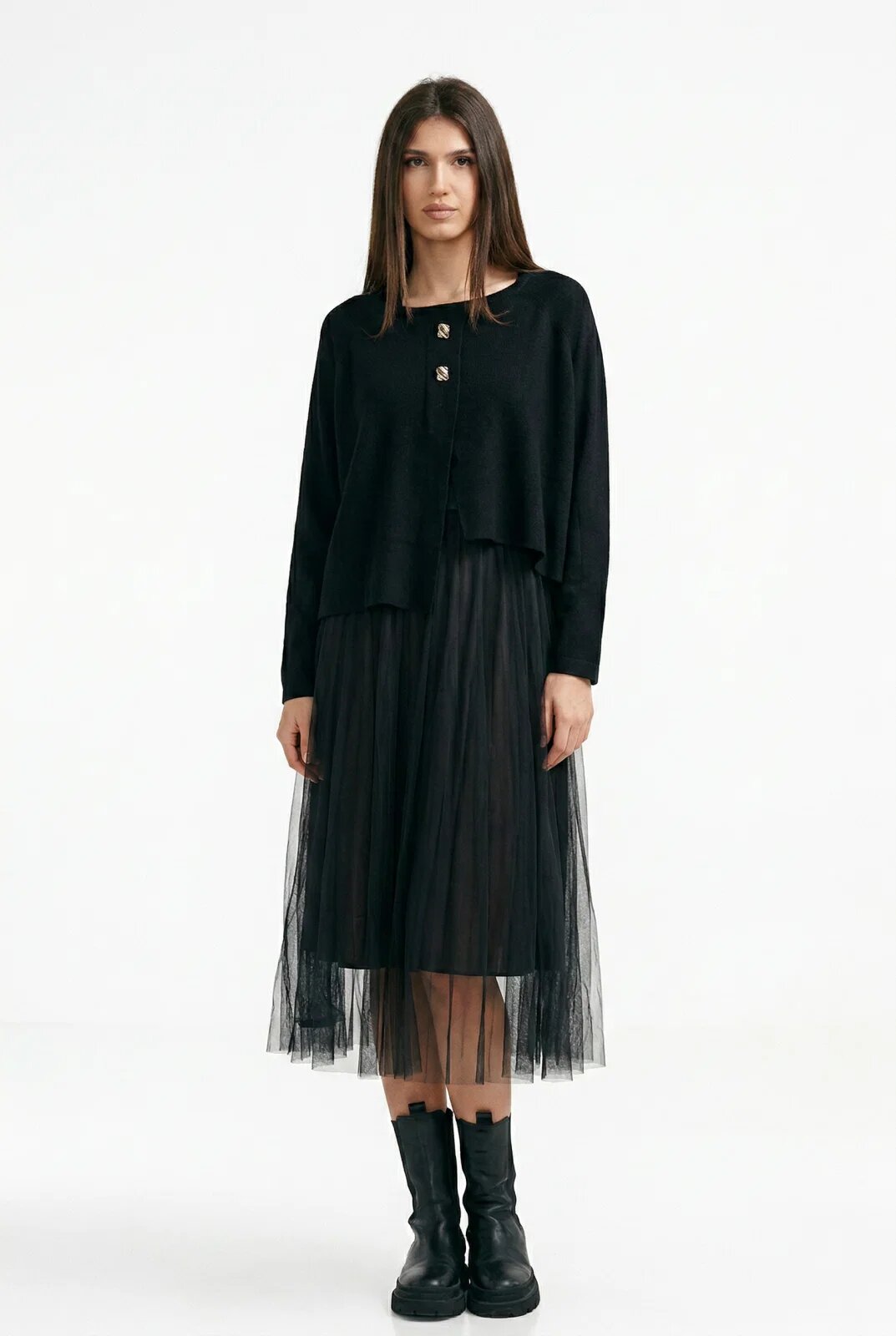 U See Rochie suprapusa din tulle cu puloveras cu nasturi metalici neagra