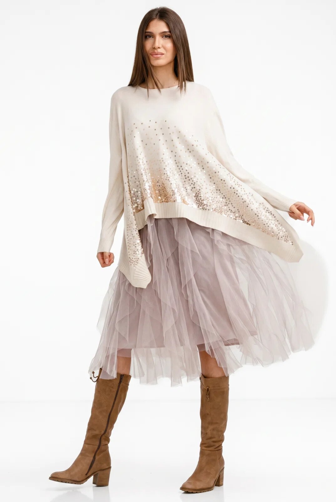 U See Rochie suprapusa din tulle cu volane suprapuse cu pulover in colturi oversize cu ploaie de paiete