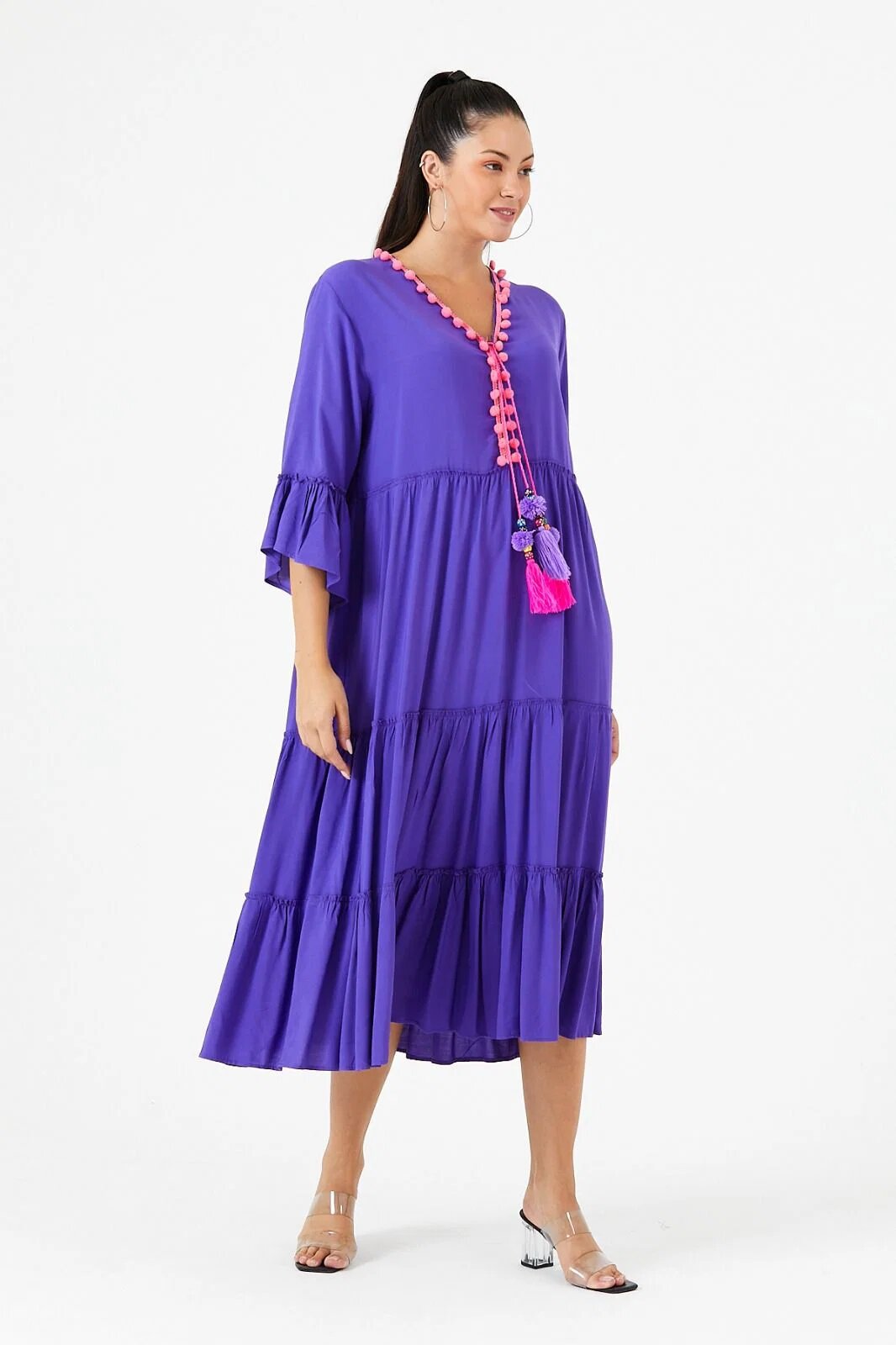 Vale Woman Rochie albastra din vascoza cu volane si ciucuri colorati