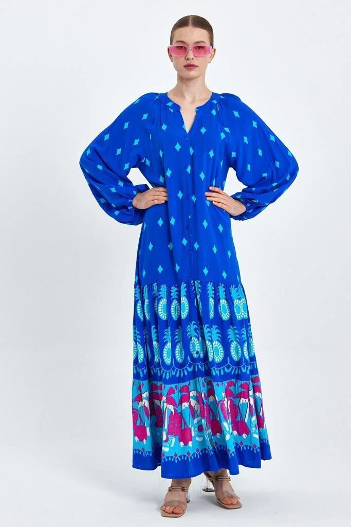 Vale Woman Rochie camasa cu imprimeu pe fond albastru din vascoza