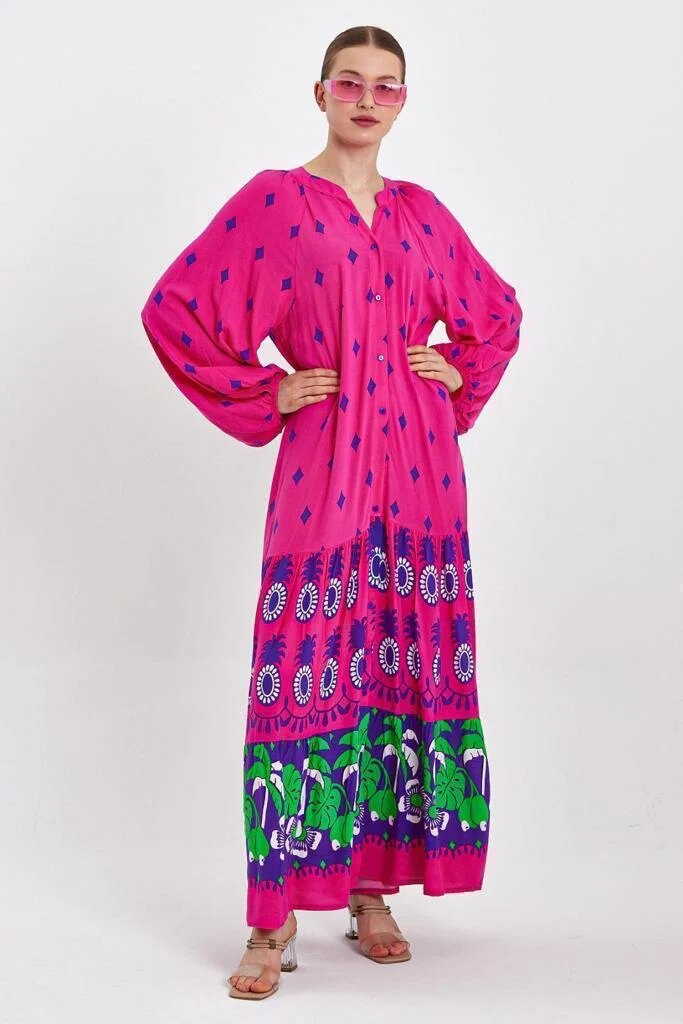 Vale Woman Rochie camasa cu imprimeu pe fond fucsia din vascoza