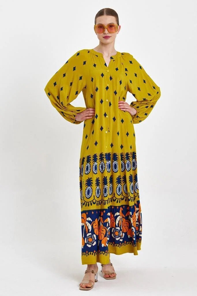 Vale Woman Rochie camasa cu imprimeu pe fond mustar din vascoza