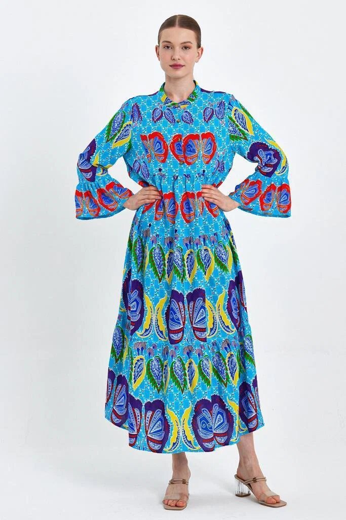 Vale Woman Rochie cu imprimeu boho pe fond albastru din vascoza