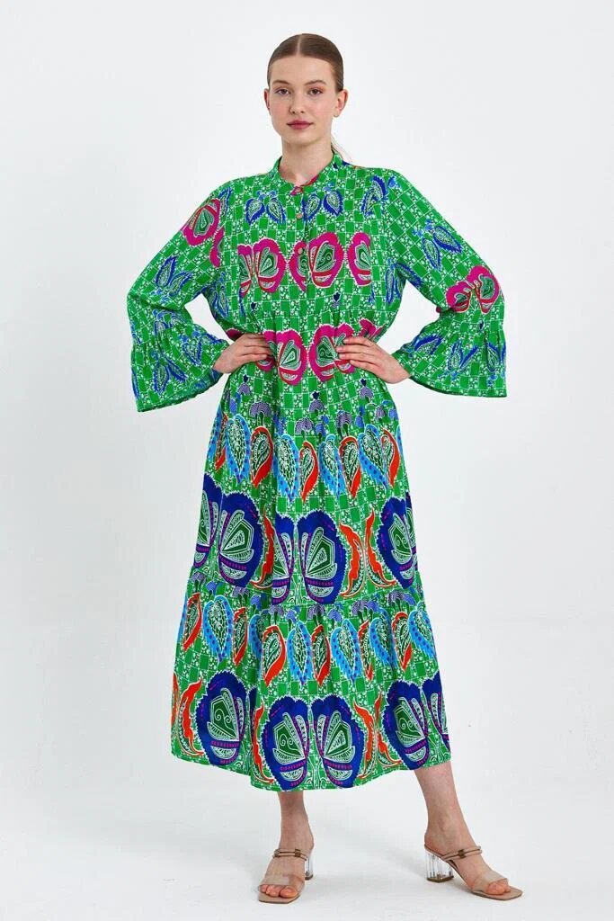 Vale Woman Rochie cu imprimeu boho pe fond verde din vascoza