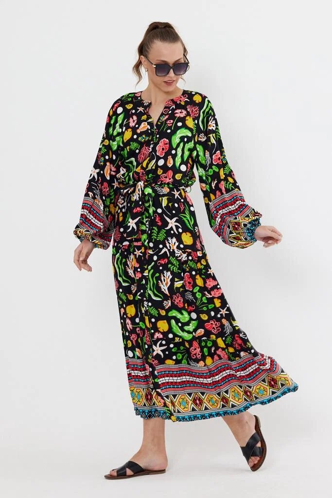 Vale Woman Rochie cu imprimeu marin pe fond negru din vascoza