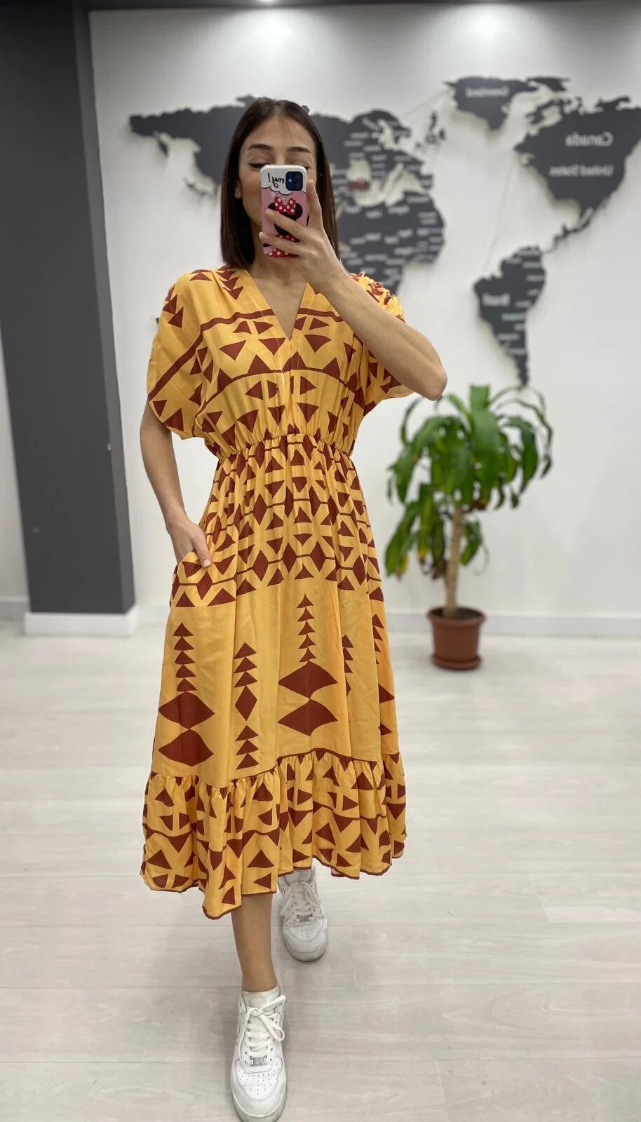 Vale Woman Rochie midi din bumbac cu elastic in talie si imprimeu ciocolatiu pe fond galben