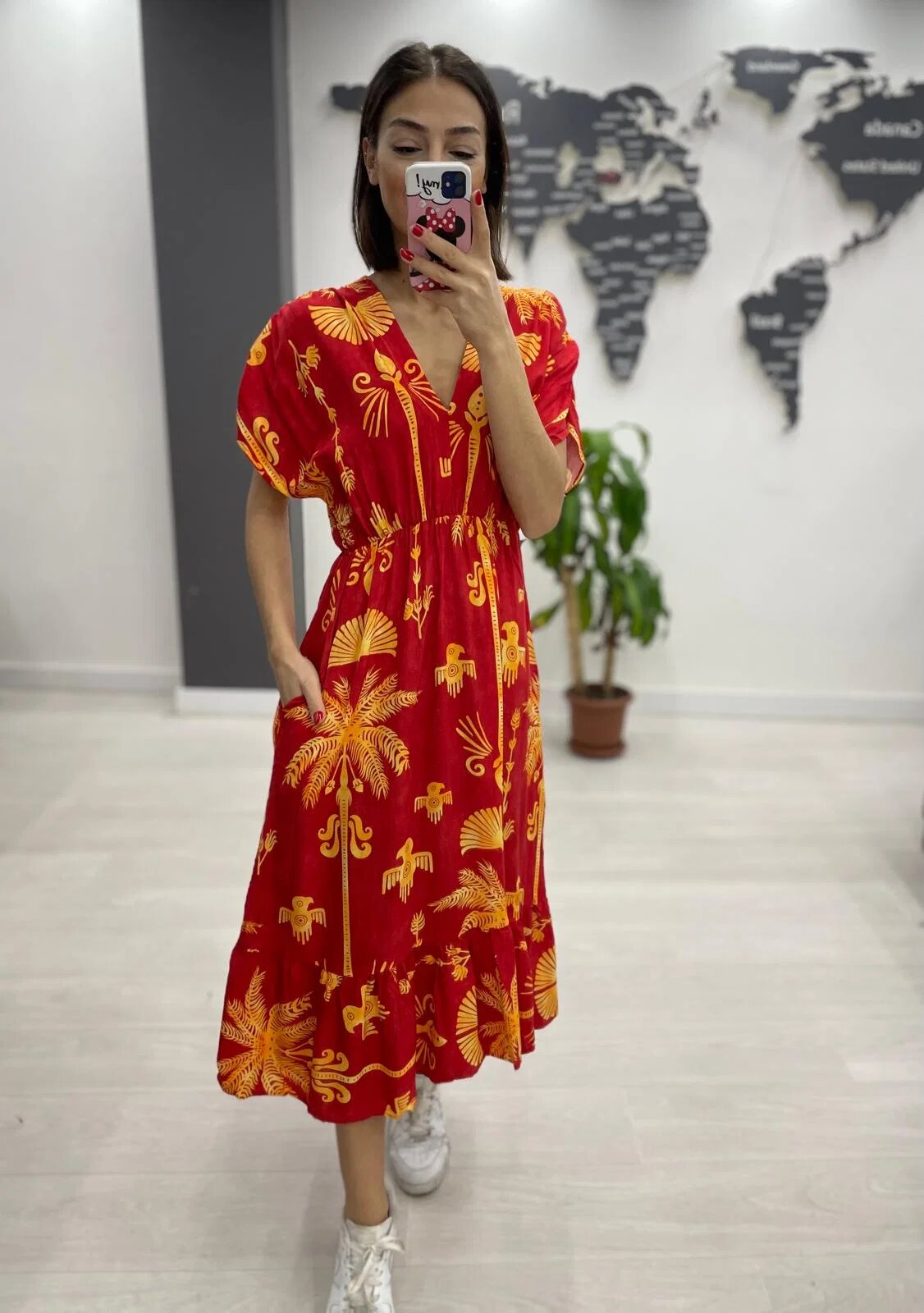 Vale Woman Rochie midi din bumbac cu elastic in talie si imprimeu galben pe fond bordo