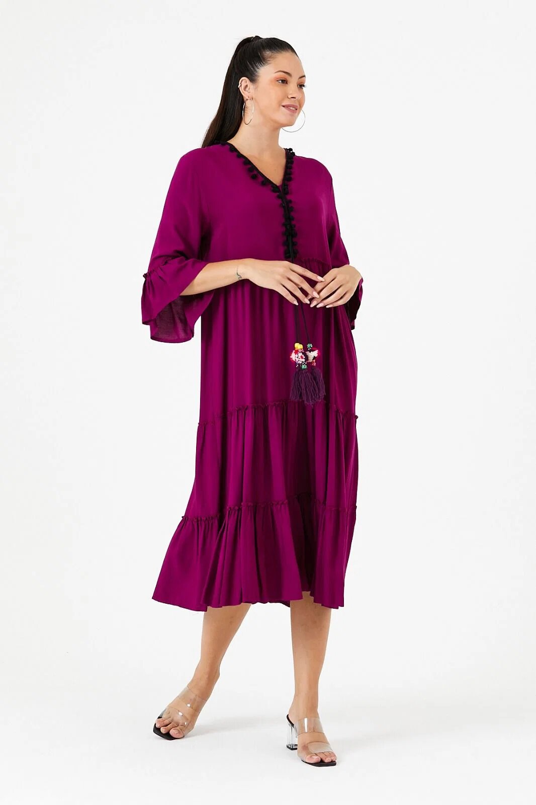 Vale Woman Rochie visinie din vascoza cu volane si ciucuri colorati