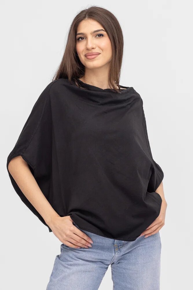 Wendy Trendy Bluza dama neagra cu croi amplu si decolteu drapat elegant din bumbac