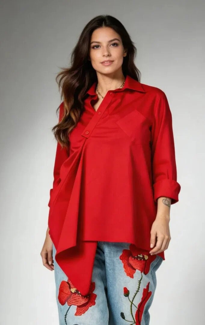 Wendy Trendy Camasa dama rosie asimetrica cu drapaj elegant si croi lejer premium