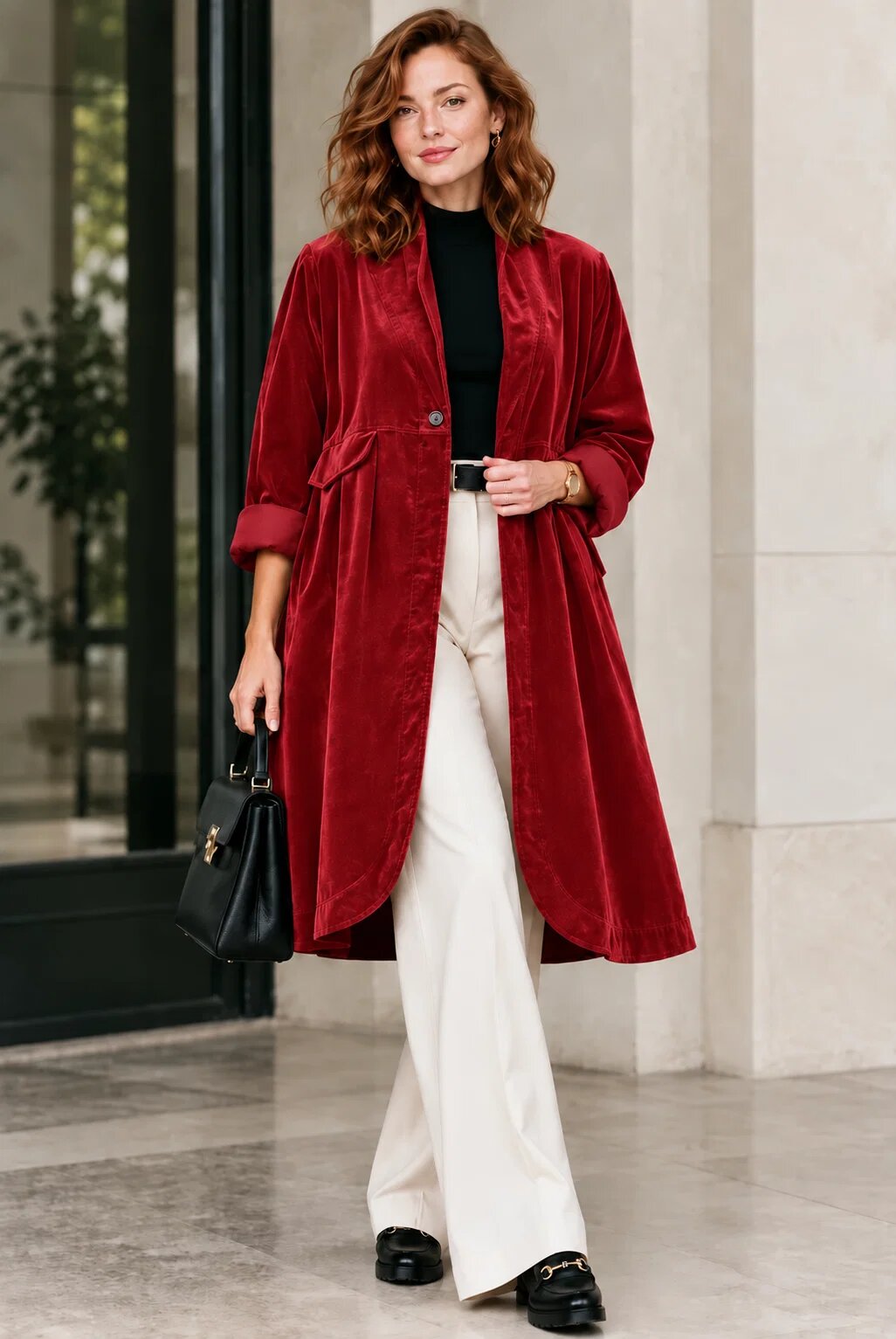 Wendy Trendy Jacheta lunga din catifea cu croi evazat pliuri ample si design minimalist bordo