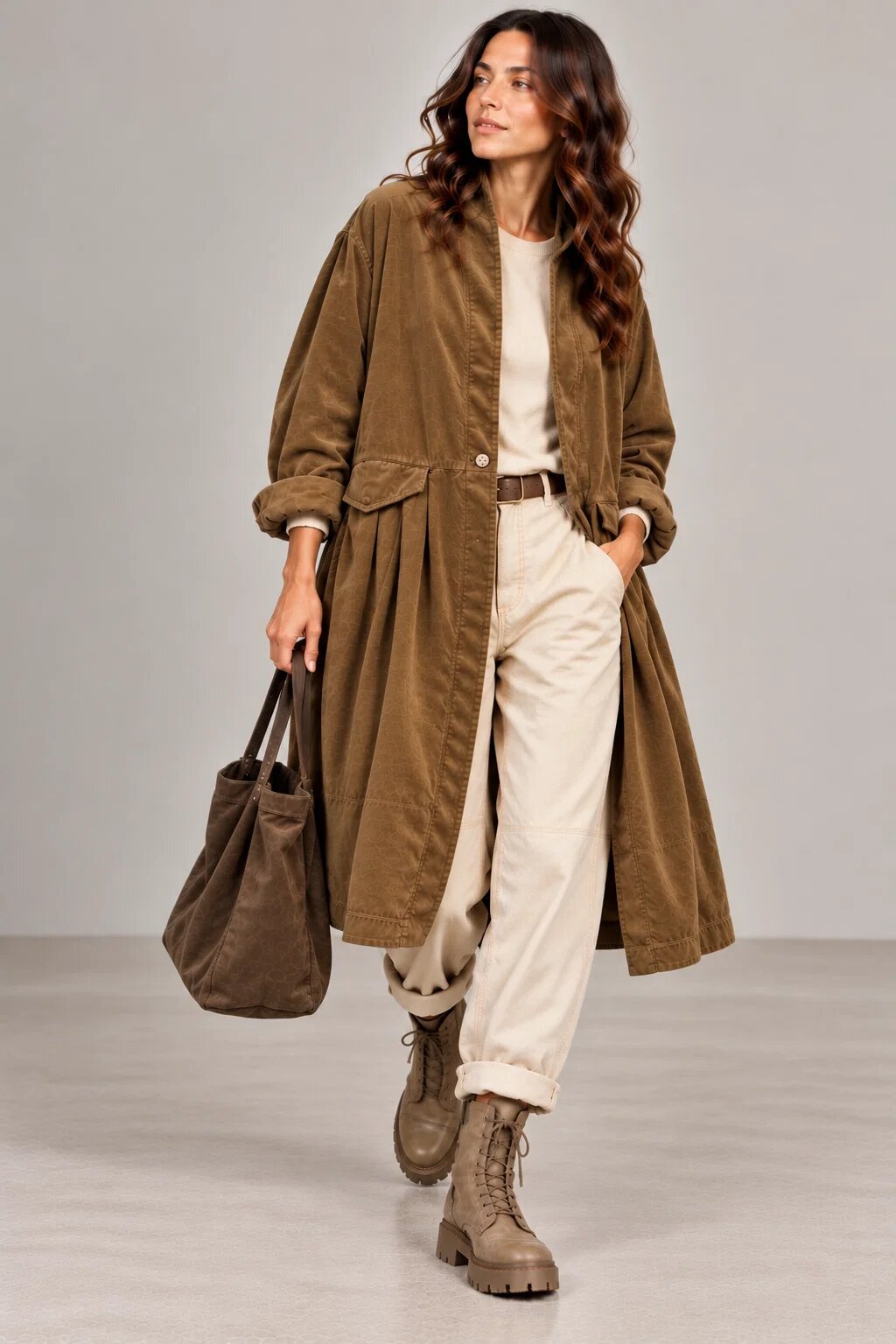 Wendy Trendy Jacheta lunga din catifea cu croi evazat pliuri ample si design minimalist camel
