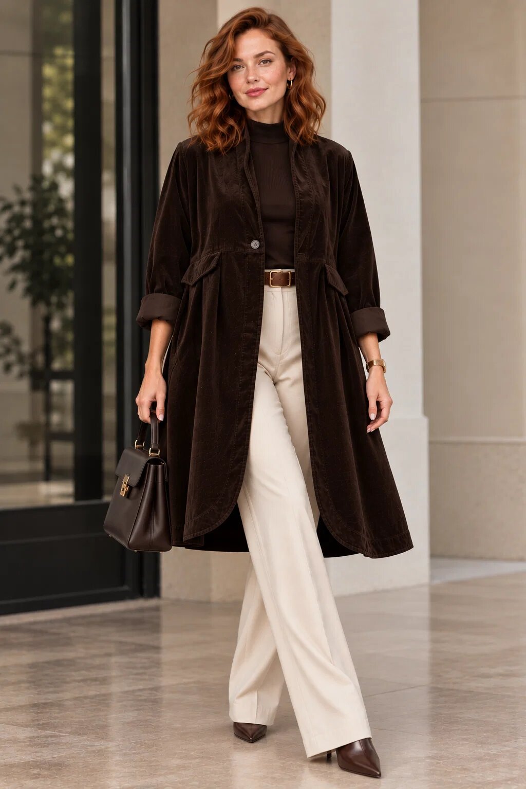 Wendy Trendy Jacheta lunga din catifea cu croi evazat pliuri ample si design minimalist maro