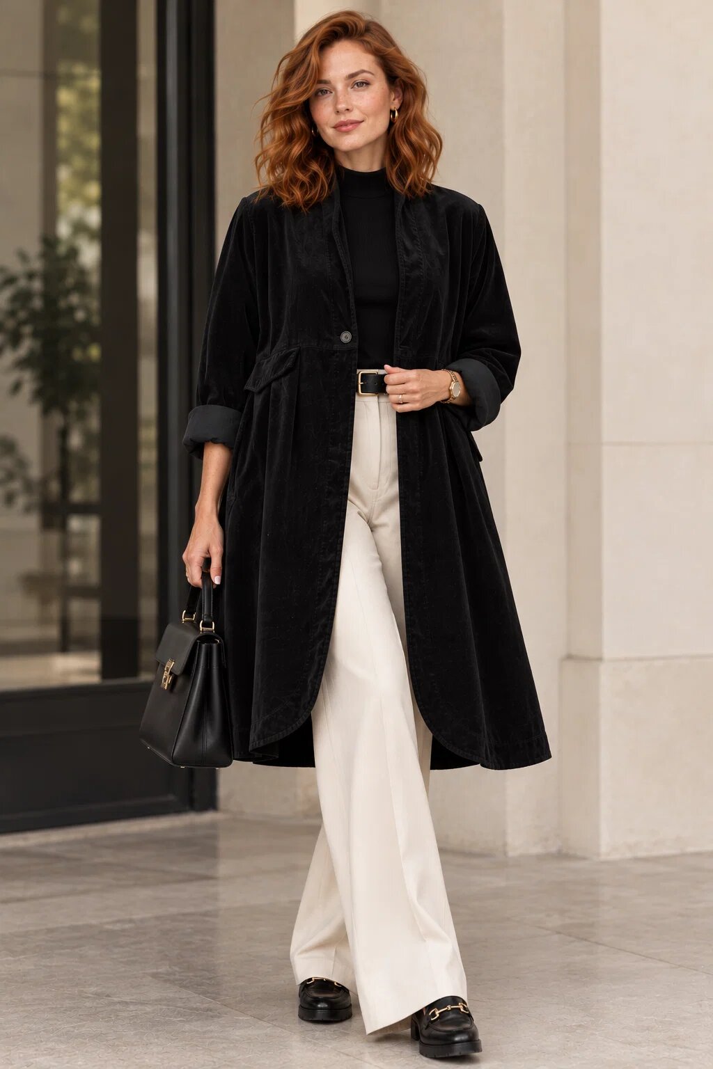 Wendy Trendy Jacheta lunga din catifea cu croi evazat pliuri ample si design minimalist neagra