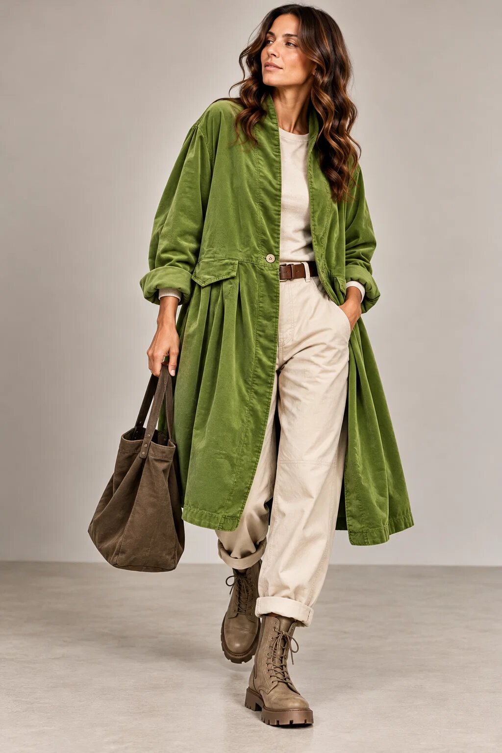 Wendy Trendy Jacheta lunga din catifea cu croi evazat pliuri ample si design minimalist verde deschis