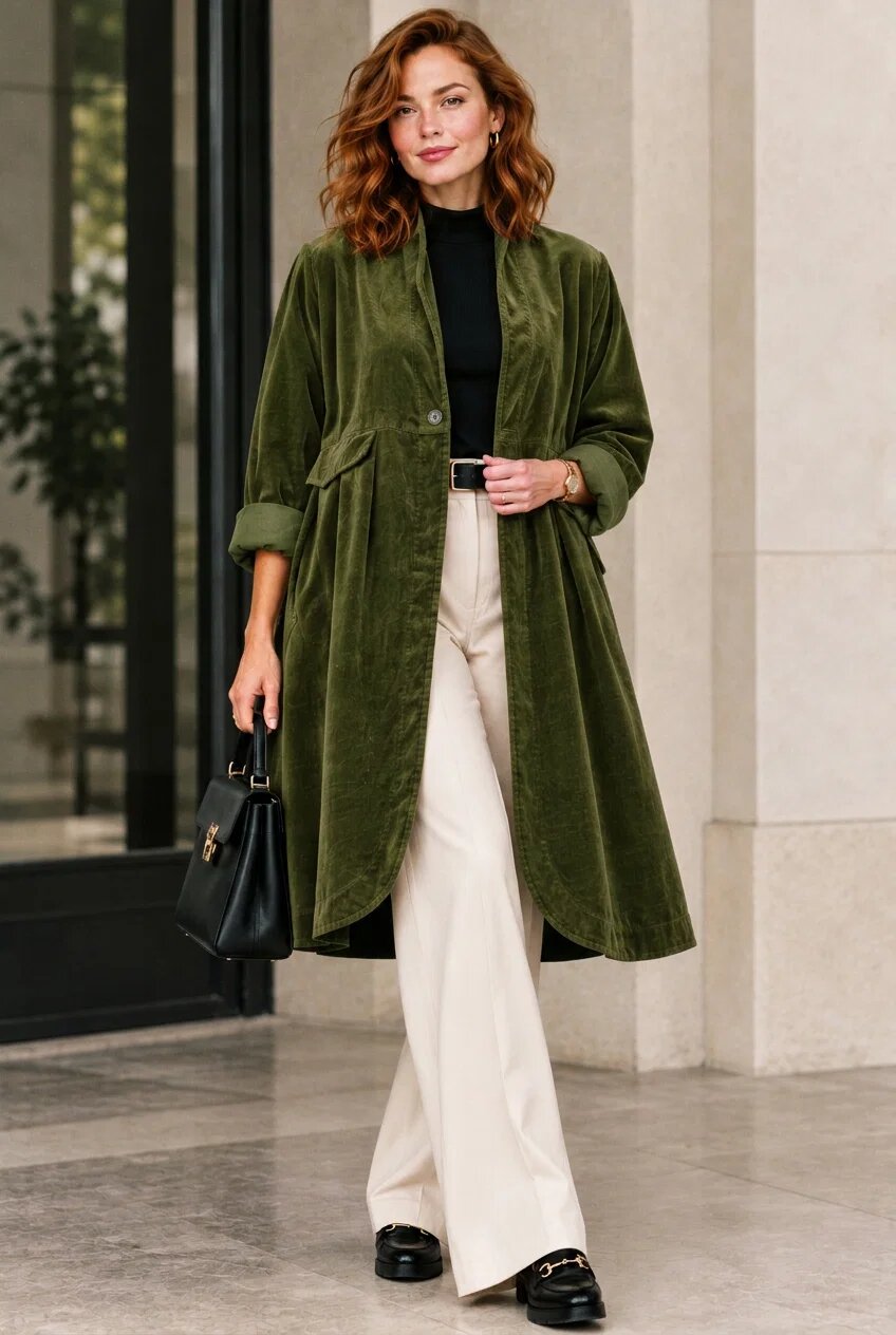 Wendy Trendy Jacheta lunga din catifea cu croi evazat pliuri ample si design minimalist verde olive