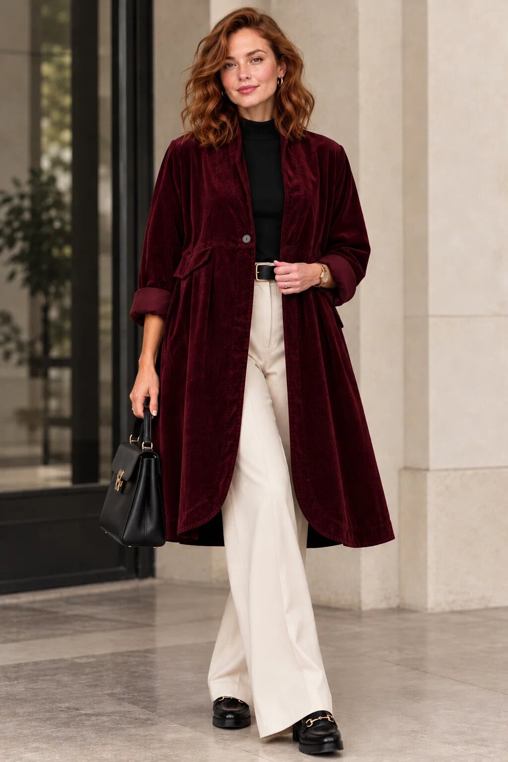 Wendy Trendy Jacheta lunga din catifea cu croi evazat pliuri ample si design minimalist visinie