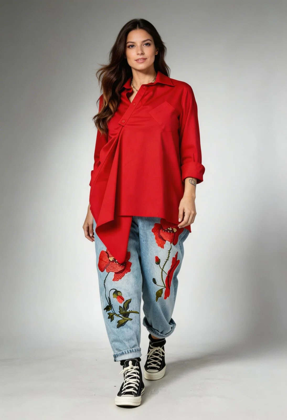 Wendy Trendy Jeans Denim Brodati cu Maci Rosii 3D Piesa Statement