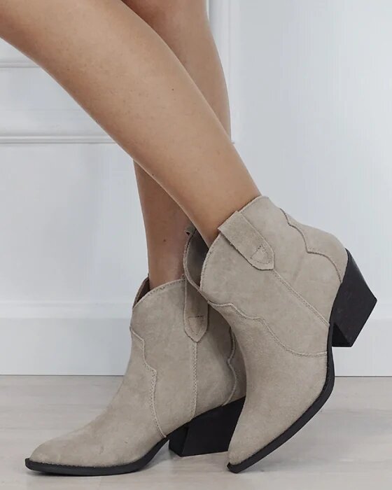 Ideal Shoes Botine bej din piele naturala cu toc comod 6338A 114