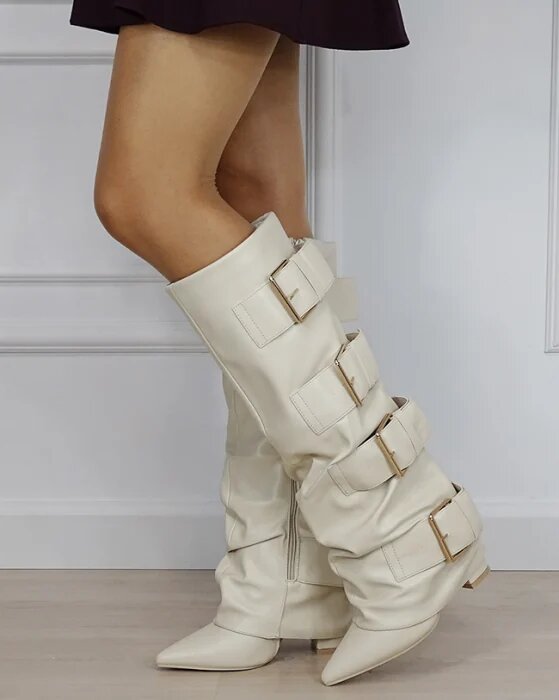 Ideal Shoes Cizme bej elegante cu toc comod 7677A 110