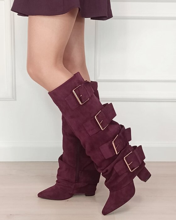 Ideal Shoes Cizme bordo elegante cu toc comod 7677A-1 19