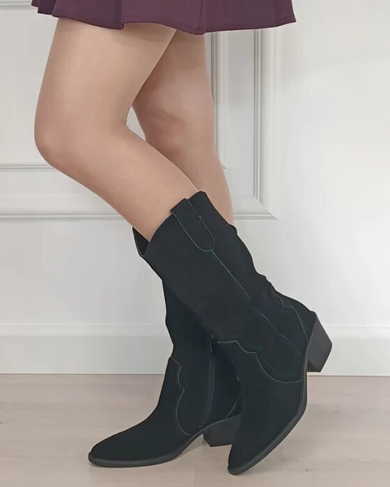 Ideal Shoes Cizme din piele naturala tip ciocate negre cu toc 5312 19