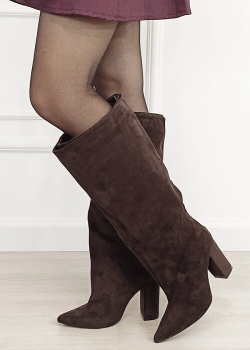 Ideal Shoes Cizme lungi maro cu toc masiv 2920A-1 115