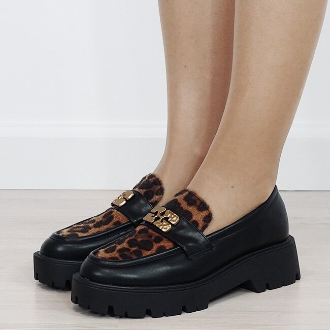 Ideal Shoes Mocasini negri tip loafers cu imprimeu leopard texturat 1889 04