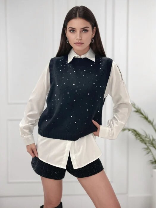 SOFILINE Pulover negru fara maneci cu strasuri A-9015 M9