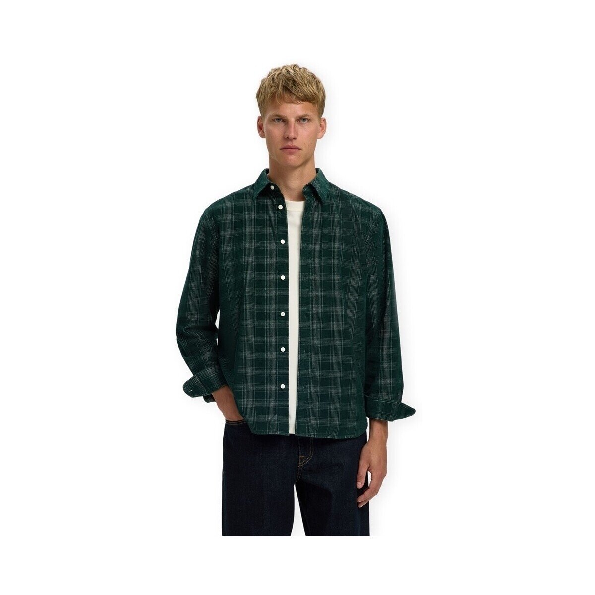 Selected Îmbracaminte RegClaus Cord Shirt - Pine Grove/Egret